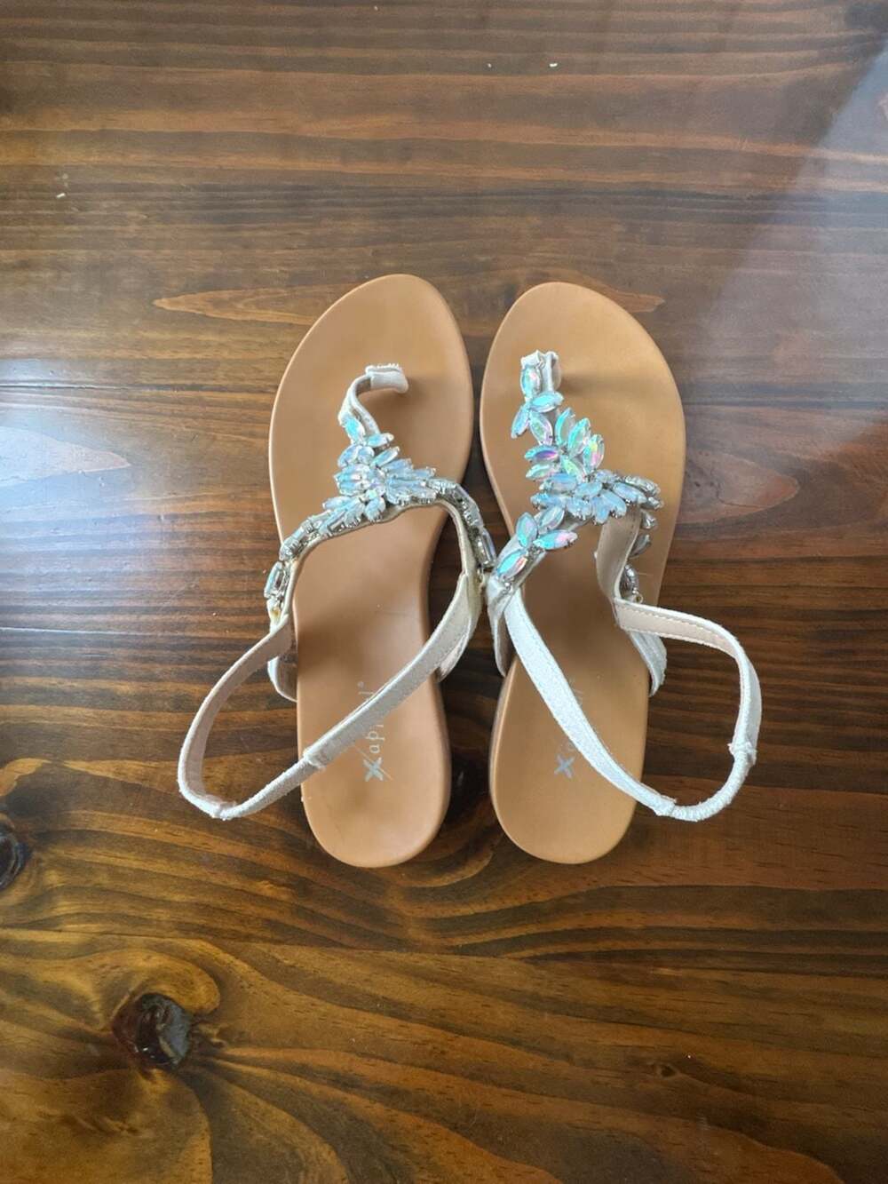 Xappeal White Rhinestone T-Strap Flat Slingback Sandals